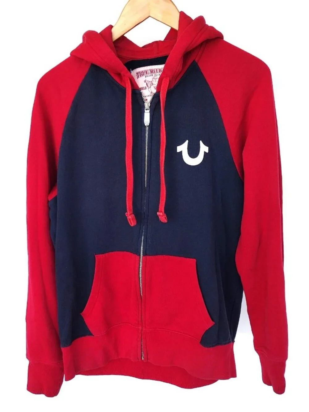 True Religion Classic Buddha Full-Zip Raglan Hoodie Red and Blue Size Medium